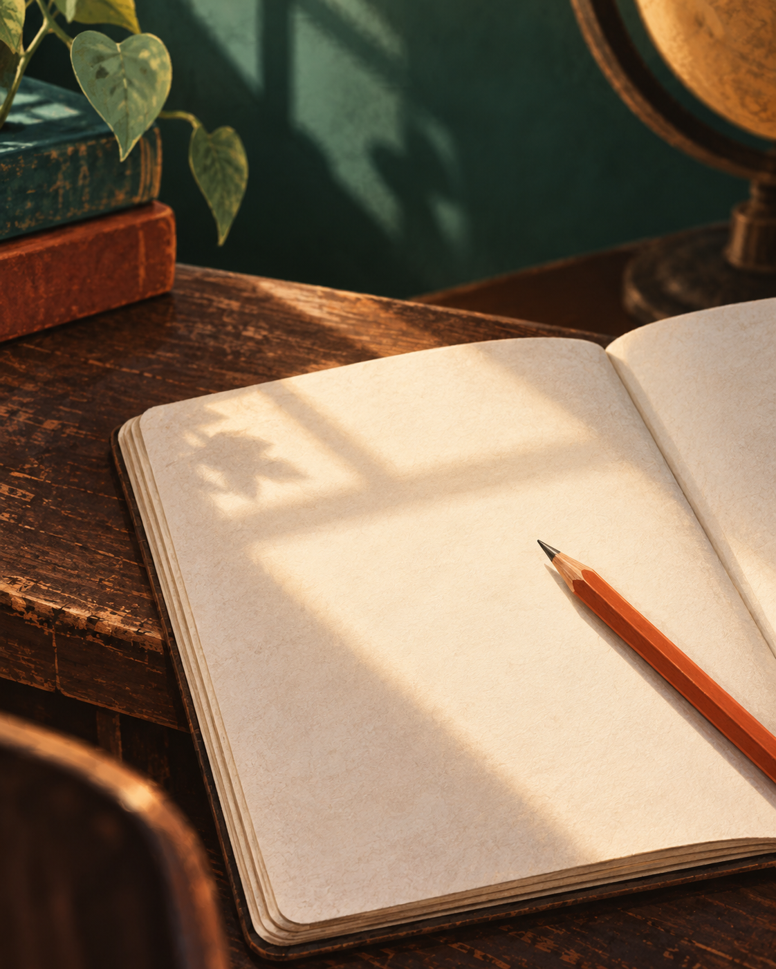 Ilustración cercana de un cuaderno y un lápiz sobre un pupitre